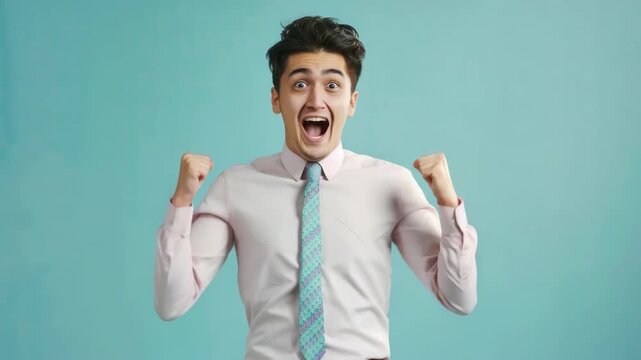 Young man excitedly gestures with fists clenched. He wears a pink shirt and patterned tie. Background is solid, soft blue. His expression shows strong enthusiasm. Perfect for energetic