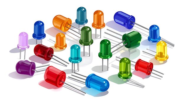 A collection of various colored, dome-shaped light-emitting diodes (LEDs) with pin legs, scattered on a white surface