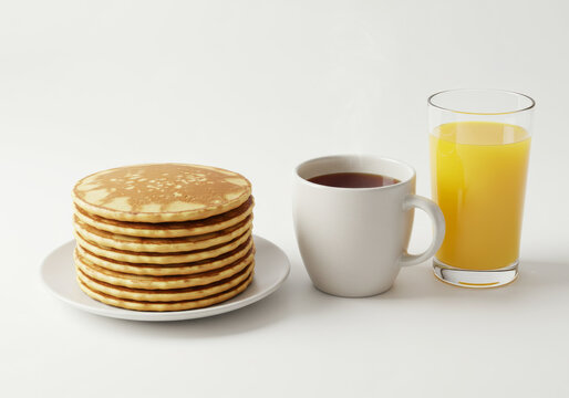 Tall Stack of Pancakes with Coffee and Orange Juice