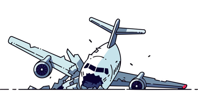 airplane crash cartoon vector illustration depicting a broken plane wreck after an aircraft accident symbolizing aviation disaster and damage.