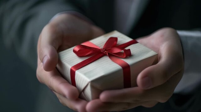 Pair of hands offering a gift box with a red ribbon bow, suitable for holidays or expressing gratitude.