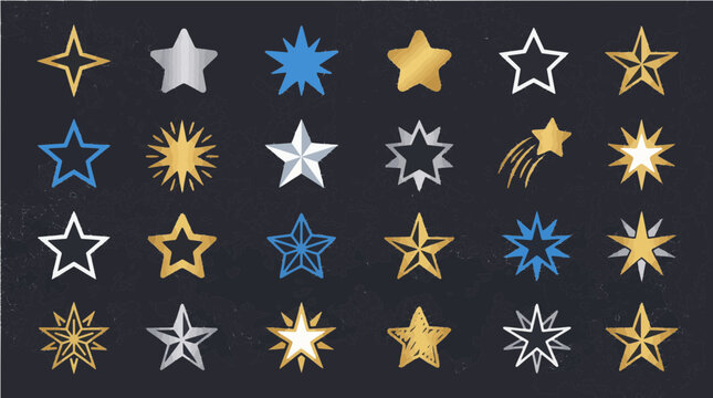 A collection of colorful star icons and illustrations on a dark background