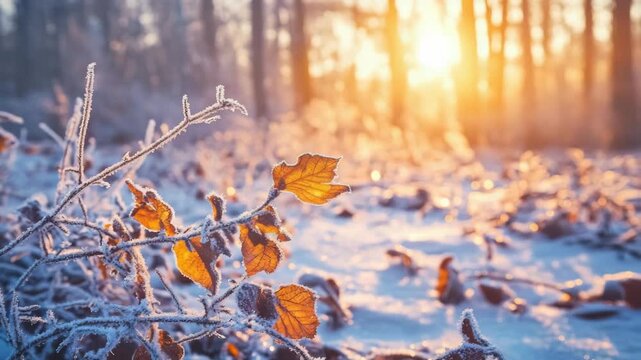 A tranquil sunset in a snowy winter forest, with glowing light casting an ethereal reflection on the frost-covered trees and leaves.