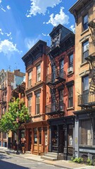 Fototapeta premium A picturesque city street with historic brownstone buildings