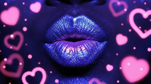 Close-up of a person's lips with shimmering makeup surrounded by glowing hearts under ultraviolet light