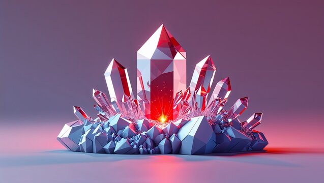 Low polygon crystal cluster with a single glowing red core on a clean gradient background, ignition breakthrough and hidden energy concept