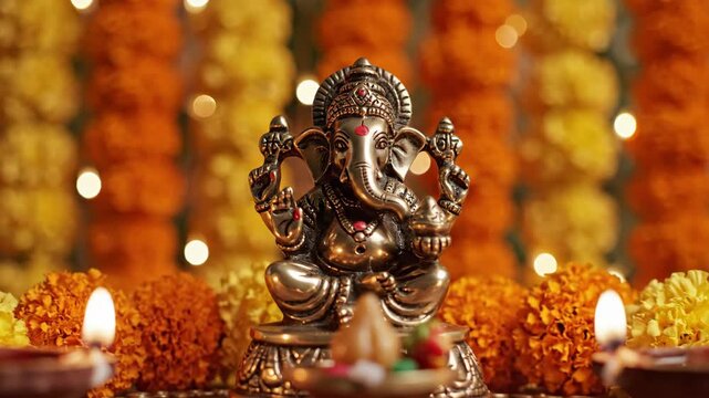 Ganesh idol decorated with marigold flowers and candles in festive ambiance, vibrant colors and intricate details adding to celebration atmosphere.