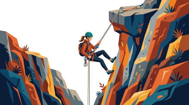 Woman rappelling down a steep rocky cliff face.