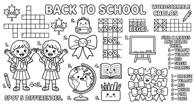 Fun educational worksheet for children with crossword puzzles and spot the difference games. Cute school characters and objects in outline style for coloring. Engaging kids learning activity.
