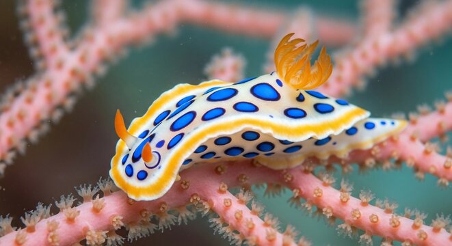 A vibrant Chromodoris nudibranch with blue spots and yellow borders crawling along a pink coral branch beneath the tropical ocean surface showcasing nature biodiversity during a deep sea dive