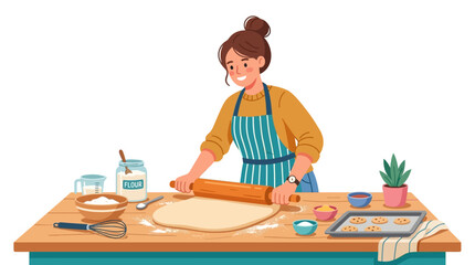 Obraz premium Woman rolling out dough with a rolling pin.