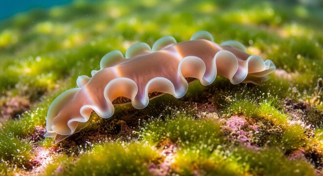 A rare flatworm gracefully glides across the vibrant green seafloor under sunlit waters while displaying its natural ruffled edges and soft organic texture in the vast deep tropical ocean biome