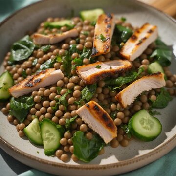 Lentil Salad With Chicken Strips. Flexitarian. Healthy Food. Close-up shot of a lentil salad mixed with spinach, cucumber, herbs, and a few grilled chicken strips, set on a ceramic plate

