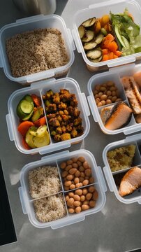 Meal Prep Flexitarian Containers. Flexitarian. Meal Prep. Photorealistic overhead shot of several meal prep containers filled with quinoa, roasted vegetables, beans, and small portions of grilled fish
