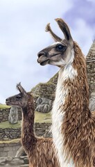 Naklejka premium Ancient llamas graze peacefully amidst Inca ruins a delicate watercolor illustration evokes calm beauty