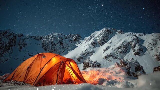 A brightly lit tent glows warmly in a snowy mountain landscape under a starry night sky