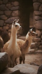 Naklejka premium Ancient llamas graze peacefully amidst weathered Inca ruins bathed in soft light serenity