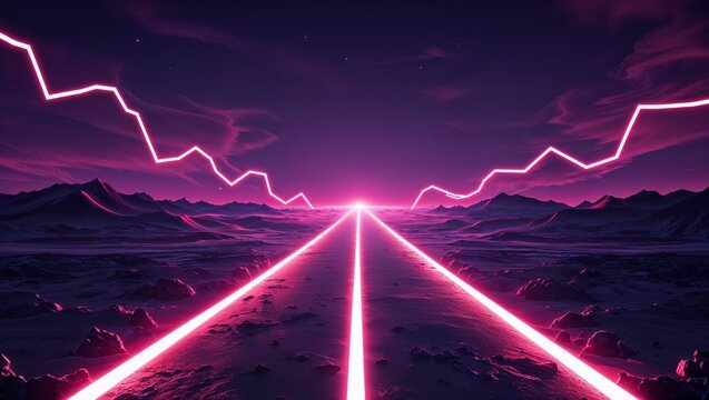 Glowing neon road leading to a bright horizon across a futuristic dark landscape, speed direction and digital pathway concept
