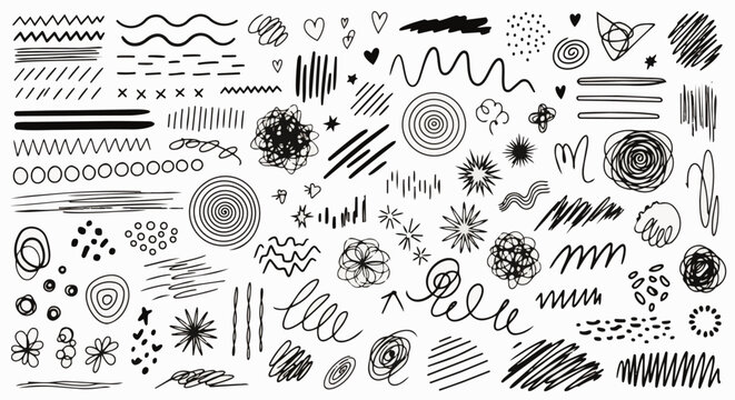 hand drawn doodle elements set features abstract lines scribble shapes and graphic resources on a white background for creative design.