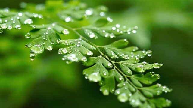 Water droplets on green fern leaf.