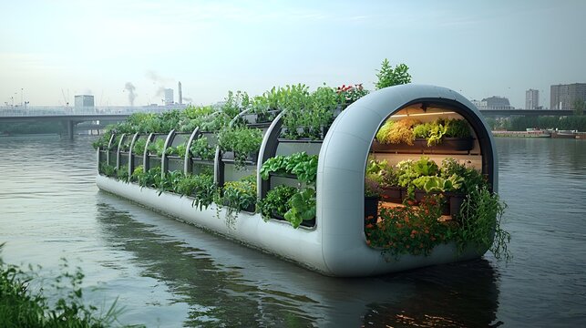 Floating hydroponic farm on river.
