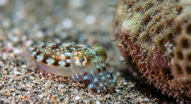 A small cephalopod rests on the sandy ocean floor near a coral structure while displaying unique camouflaging patterns to blend into the natural environment of the tropical marine salt water