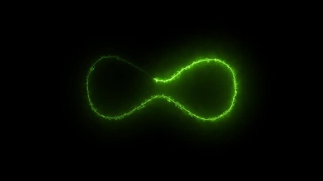 Glowing infinity symbol animation bright neon green light effect on black background endless loop cycle conceptual for technology and science projects
