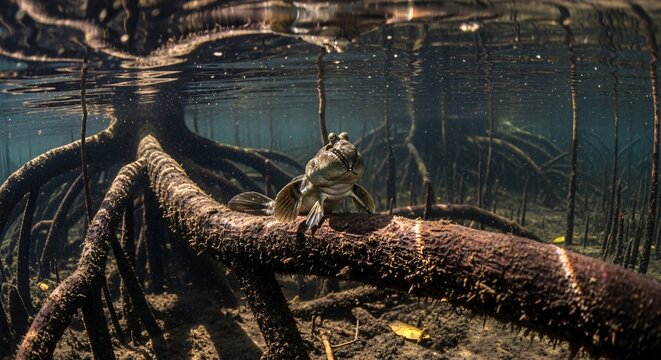 A small mudskipper fish resting on the tangled roots of a tropical mangrove tree submerged within the clear shallow water of a tidal ecosystem during a peaceful afternoon in a marine sanctuary