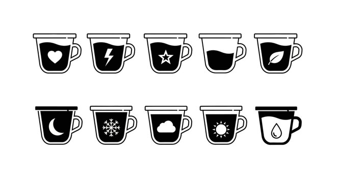 Ten simple outline icons of drinking vessels filled with various symbols representing different beverage types or moods like weather