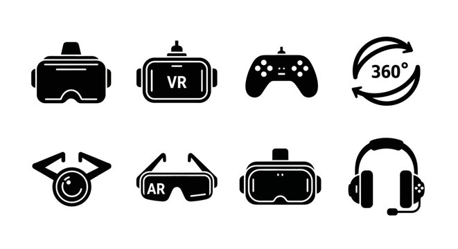 Virtual Reality VR AR Headset, Game Controller, 360 Icon, Headphones Set Icons