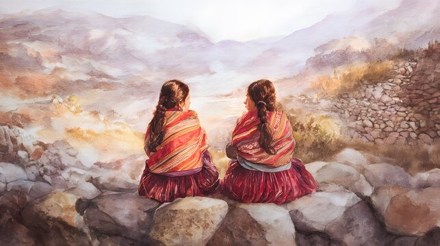 Andean Women Admire Mountain Vista Serene Watercolor Illustration of Cultural Heritage and Peaceful Beauty