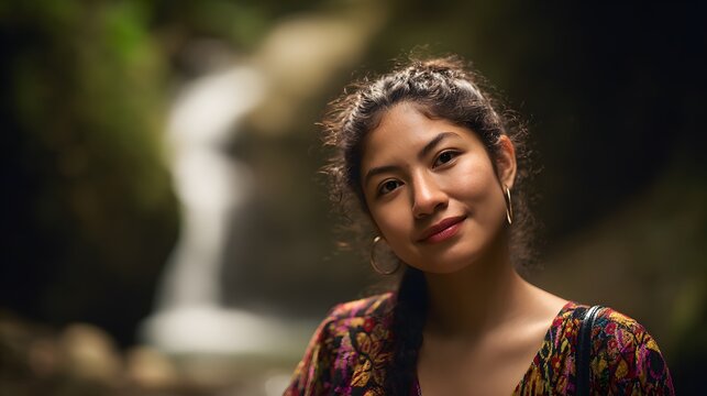 Serene portrait of a smiling South American woman bathed in warm Ecuadorian light near Peguche falls
