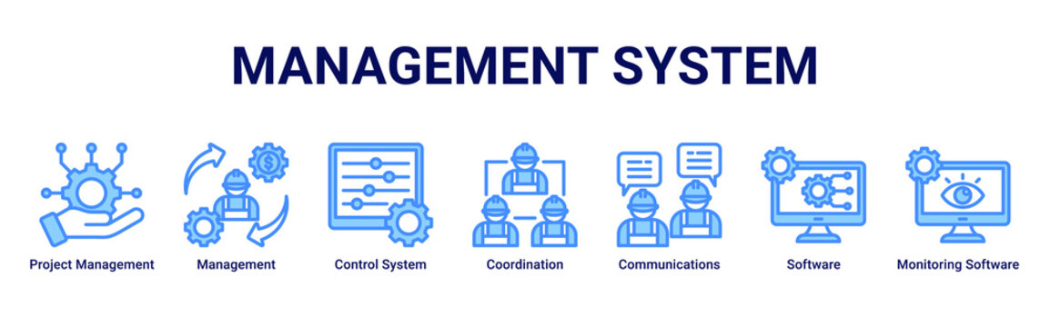 Management System web banner icon vector illustration with icons of Project Management,Management,Control System,Coordination,Communications,Software and Monitoring Software