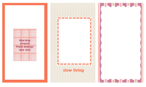 Set of editable Instagram story templates with vertical striped backgrounds and stitched frame elements. Includes photo placeholders and minimal layouts suitable for lifestyle, branding, and social