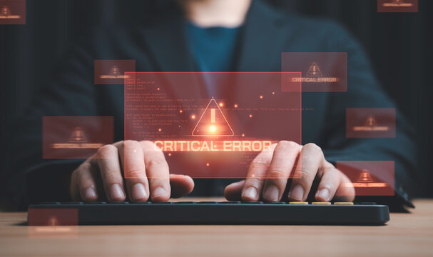 Cyber security concept with critical error alert on digital interface, hacker attack, system failure, data protection risk, programming code, network security threat and IT crisis technology.