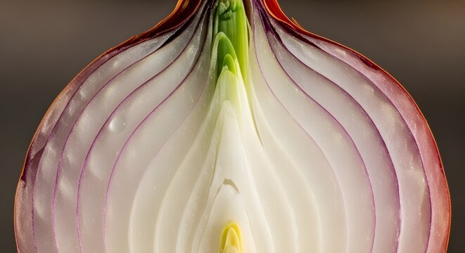 Close-up view of a vibrant onion with its papery layers peeled back to reveal the bulb center