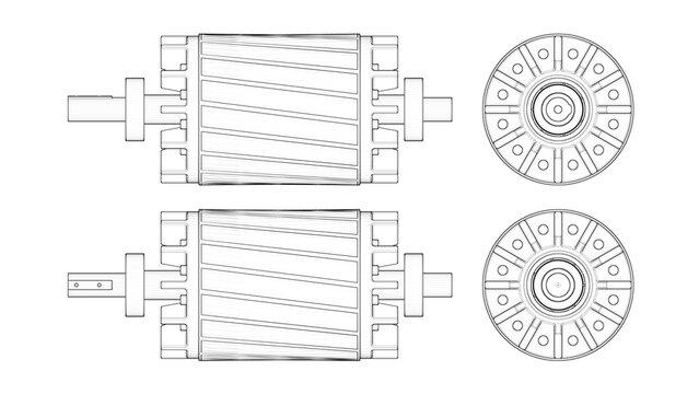 Industrial Induction Motor Rotor - Blueprint. 3D rendering isolated on white background. 3D Mesh, Sketch, Vector style or Drawing. Ideal for educational, engineering, and industrial design.