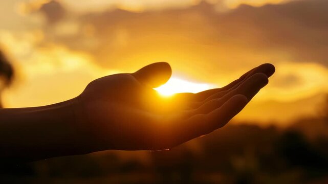 Hands outstretched to golden sunset, serenity and hope