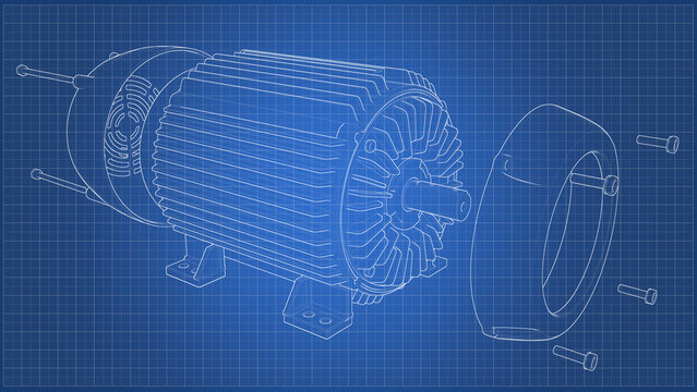 Three-Phase Induction Electric Motor AC - Exploded View Technical Drawing. 3D rendering isolated on white background. 3D Mesh, Sketch, Blueprint, Vector style. Ideal for educational, engineering