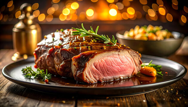 A juicy steak with herbs on a plate sits on a wooden table indoors.
