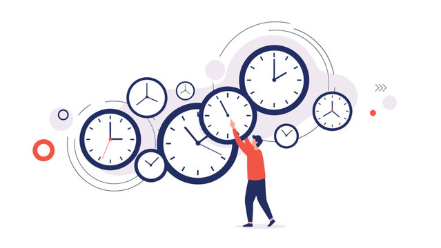 Person managing multiple clocks and watches representing time management multitasking and the challenge of balancing various tasks and deadlines.