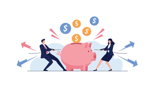 Man and woman in business suits tugging at a giant pink piggy bank representing financial conflict, shared savings, or division of assets.