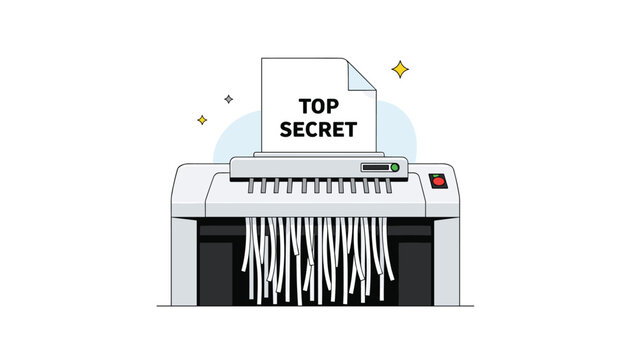 Paper shredder machine destroying a confidential document labeled top secret into thin strips for data privacy and information security.