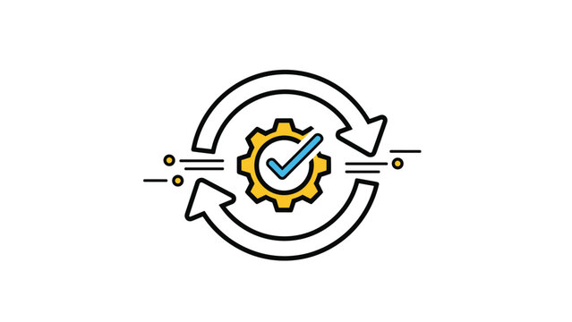 Circular arrows surrounding a gear with a blue checkmark represent an efficient process or quality control system.