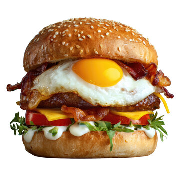 Savory Sunrise Burger: A mouthwatering burger creation, featuring a perfectly fried egg atop a juicy beef patty, crisp bacon, fresh tomato, and creamy sauce.