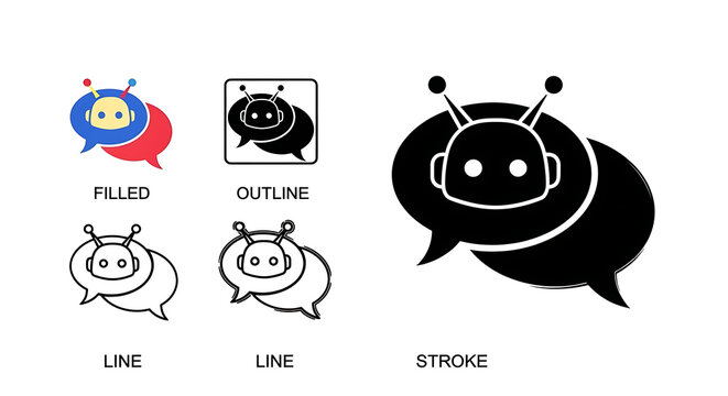 Collection of diverse chatbot icons featuring colored and black vector illustrations of robot heads and speech bubbles for modern customer support and artificial intelligence communication systems