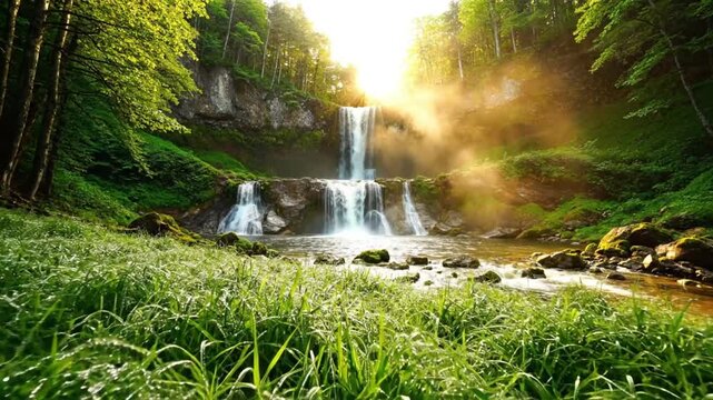Tranquil waterfall cascading through lush green forest with sunlight creating a misty effect