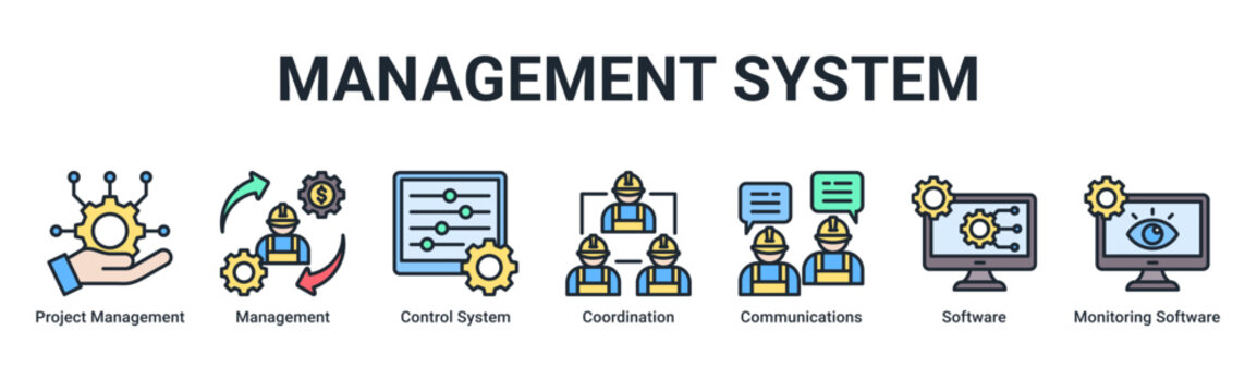 Management System web banner icon vector illustration with icons of Project Management,Management,Control System,Coordination,Communications,Software and Monitoring Software