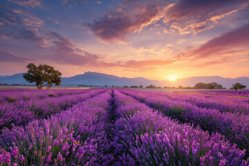 Fototapeta premium Lavender Field at Sunset, Purple Flowers Landscape and Nature Scenic Concept