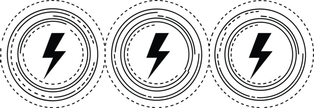Three minimalist black lightning bolt icons centered in circular dashed concentric rings on a white background representing renewable energy, electrical power, and charging technology.